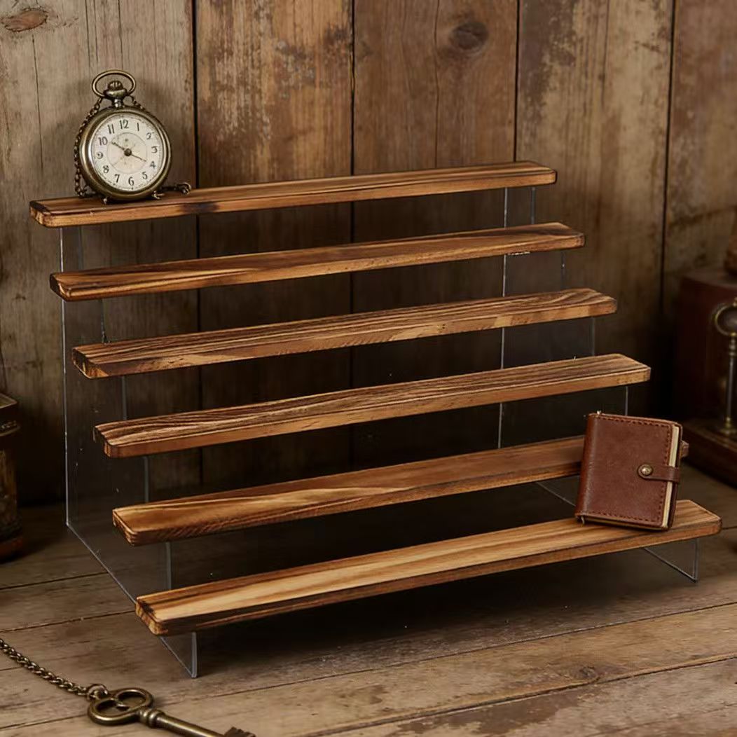 Desk Setup Shelf - Charred Wooden Step Display Stand, 2–6-Tier