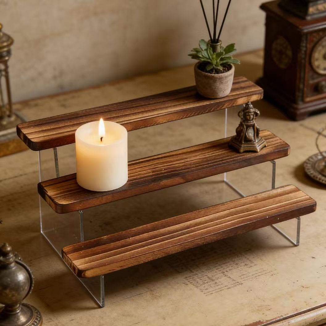 Charred Wooden Step Display St - Desk Setup Shelf recension och pris